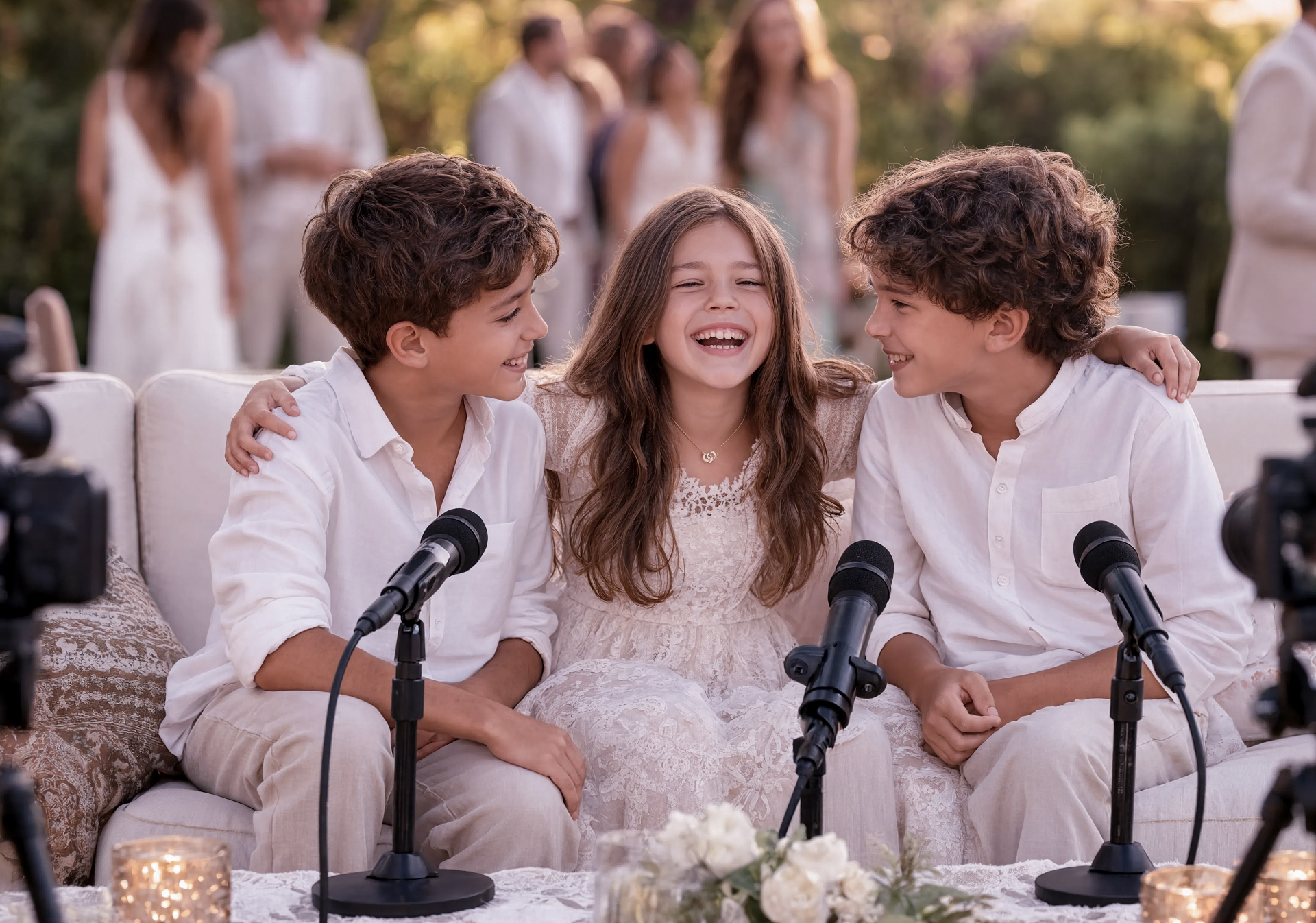 Niños abrazados compartiendo en el set The Wedding Podcast